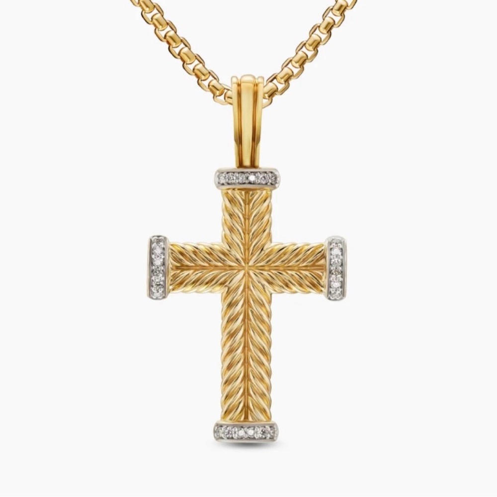 Cable Gold Cross Pendant Necklace with Pave Diamonds 17” Adjustable to 21”